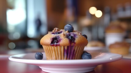 Blueberry muffins with powdered sugar and fresh berries. Generative AI