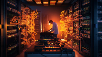 A network engineer configuring network switches in a server room, surrounded by cables and equipment, ensuring seamless connectivity Generative AI