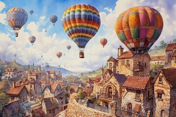 Fototapeta na wymiar Large balloons fly over a rural town. Watercolor Generative AI illustration.