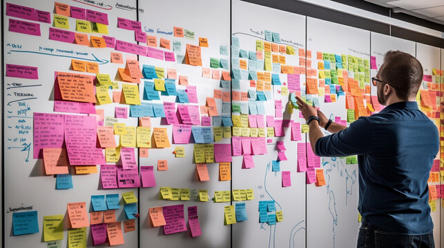 A software developer brainstorming ideas on a whiteboard, surrounded by colorful sticky notes and diagrams, mapping out the next innovative project Generative AI