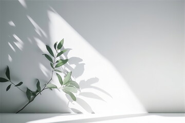 Blurred shadow from leaves plants on the white wall. Minimal abstract background for product presentation. Spring and summer, Generative AI