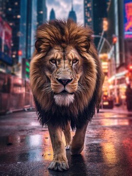 Urban Lion. Feline Majesty Among City Skyscrapers