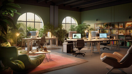 A studio with versatile workspaces and adjustable furniture, allowing IT specialists to customize their environment for maximum comfort and productivity Generative AI