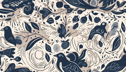 Botanical hand drawn ethno style ornament pattern with birds. Abstract trendy monochrome print. Fashionable vector template for your design