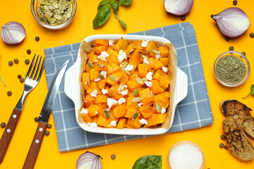 Concept of tasty homemade dish - baked pumpkin