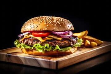 Rustic ambiance close-up photography of an hearty burguer on a slate plate against a white background. With generative AI technology