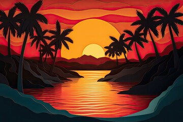 Sunset at the beach papercut illustration - Generative AI.