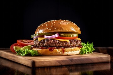 Rustic ambiance close-up photography of an hearty burguer on a slate plate against a white background. With generative AI technology