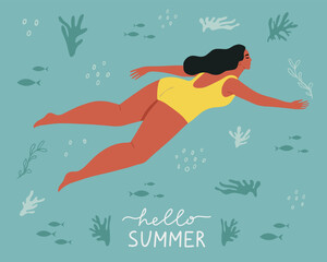 Summer cute background with swim in the sea or ocean body positive woman. Underwater swimming. Design for poster, banner, card etc. Hand drawn lettering. Vector illustration