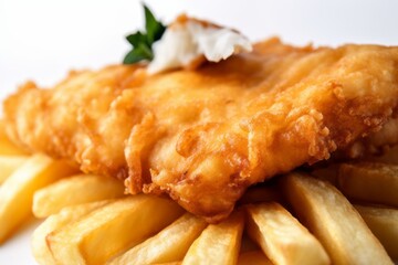 Macro detail close-up photography of a juicy fish and chips on a ceramic tile against a white background. With generative AI technology