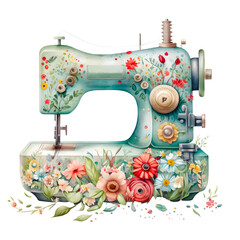 Sewing machine watercolor clipart, isolated, transparent background, created with Generative AI technology