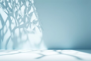 Minimalistic abstract gentle light blue background for product presentation with light and intricate shadow from tree branches on wall, Generative AI