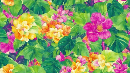 Exotic jungle full of large flowers and fruits. Seamless floral background, generative ai - obrazy, fototapety, plakaty