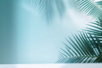 Blurred shadow from palm leaves on the light blue wall. Minimal abstract background for product presentation. Spring and summer, Generative AI