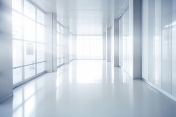 Light blurred background. The hall of an office or medical institution with panoramic windows and a perspective, Generative AI