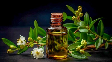 Tea tree essential oil in a small bottle with fresh flowers. Generative AI.