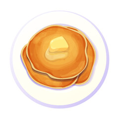Pancakes stack with butter top view in plate in cartoon style isolated on white background. Circle dessert, breakfast. 