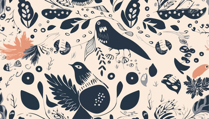 Hand drawn abstract birds and flowers pattern. Collage contemporary print. Fashionable template for design. Ethnic style © Eli Berr