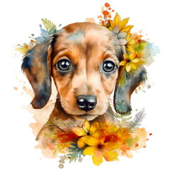 Dachshund puppy watercolor clipart, isolated, transparent background, created with Generative AI technology