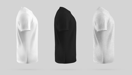 White, black, heather t-shirt mockup, side view, 3D rendering, textured clothing for branding, design, advertising. Set
