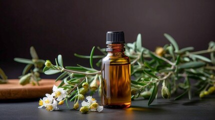 Tea tree essential oil in a small bottle with fresh flowers. Generative AI.