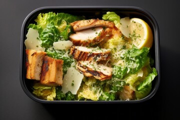 Rustic ambiance close-up photography of a juicy caesar salad in a bento box against a white background. With generative AI technology