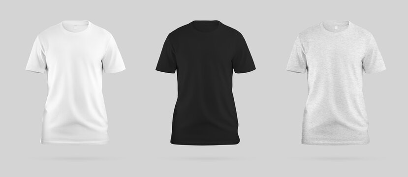 White, black, heather t-shirt mockup 3D rendering isolated on background, front view. Set