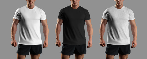 Mockup of white, black, heather t-shirt on athletic man, front view, gym clothes, isolated on background. Set