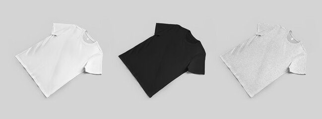 Mockup of white, black, heather t-shirt diagonally, front view, unisex clothing with label, isolated on background. Set.