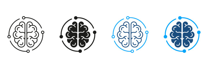 Neurology and Artificial Intelligence Black and Color Symbol Collection. Tech Science Sign. Human Brain and Digital Technology Silhouette and Line Icons Set. Isolated Vector Illustration