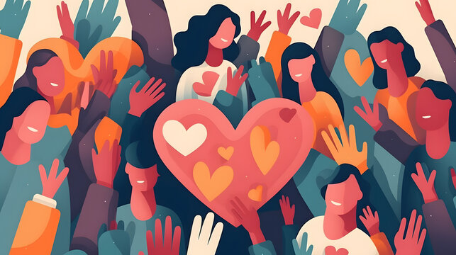 Charity illustration concept with abstract, diverse persons, hands and hearts. Community compassion, love, and support towards those in need.