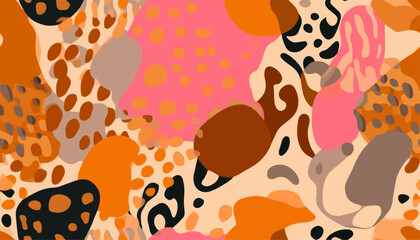 Hand drawn abstract pattern with leopard skin and various organic shapes. Collage contemporary print. Fashionable template for design
