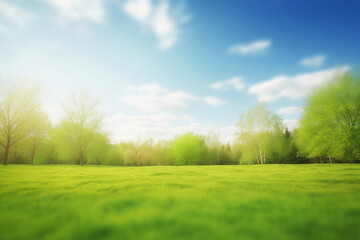 Fototapeta na wymiar Beautiful blurred background image of spring nature with a neatly trimmed lawn surrounded by trees against a blue sky with clouds on a bright sunny, Generative AI