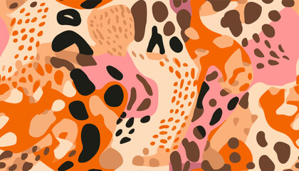 Hand drawn abstract pattern with leopard skin and various organic shapes. Collage contemporary print. Fashionable template for design