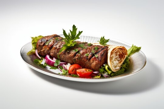 Highly detailed close-up photography of an exquisite kebab on a palm leaf plate against a white background. With generative AI technology