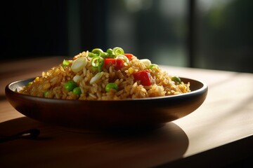 Close-up view photography of an exquisite fried rice on a wooden board against a minimalist or empty room background. With generative AI technology