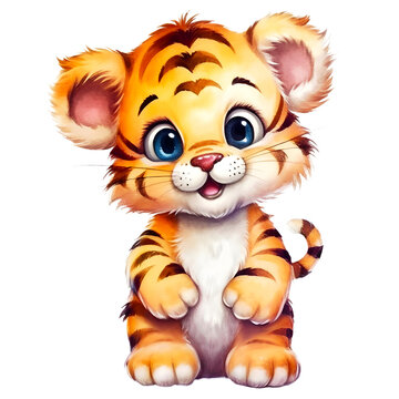 Cute baby tiger watercolor clipart, isolated, transparent background, created with Generative AI technology