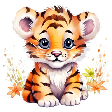 Cute baby tiger watercolor clipart, isolated, transparent background, created with Generative AI technology
