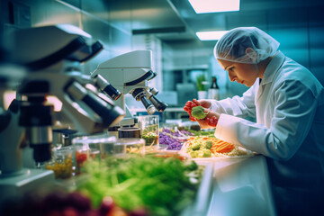 Scientists working in a state-of-the-art laboratory conducting research in food technology, using a macro lens to capture intricate details and a modern, clean aesthetic - obrazy, fototapety, plakaty