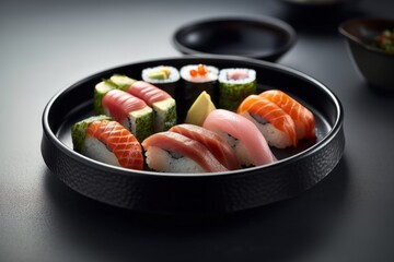 Close-up view photography of a tempting sushi in a clay dish against a minimalist or empty room background. With generative AI technology