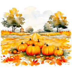 Pumpkin field watercolor clipart, isolated, transparent background, created with Generative AI technology