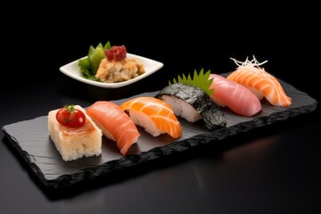 Close-up view photography of a tempting sushi on a slate plate against a minimalist or empty room background. With generative AI technology