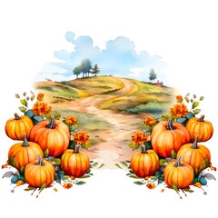 Pumpkin field watercolor clipart, isolated, transparent background, created with Generative AI technology