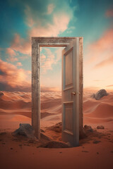 An open door in the middle of a desert. Generative AI.