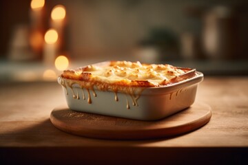 Conceptual close-up photography of a tempting lasagna in a clay dish against a minimalist or empty room background. With generative AI technology