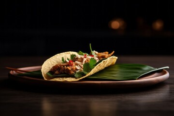 Detailed close-up photography of a tempting tacos on a palm leaf plate against a minimalist or empty room background. With generative AI technology