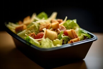 Macro detail close-up photography of a tempting caesar salad in a bento box against a minimalist or empty room background. With generative AI technology
