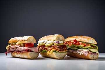 Highly detailed close-up photography of a tempting sandwiches on a marble slab against a minimalist or empty room background. With generative AI technology