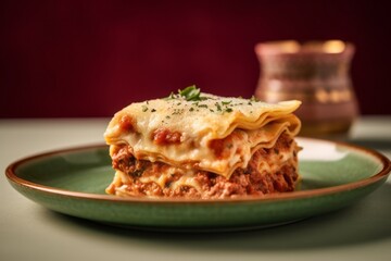 Close-up view photography of a tempting lasagna in a clay dish against a pastel or soft colors background. With generative AI technology