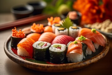 Highly detailed close-up photography of a delicious sushi in a clay dish against a pastel or soft colors background. With generative AI technology